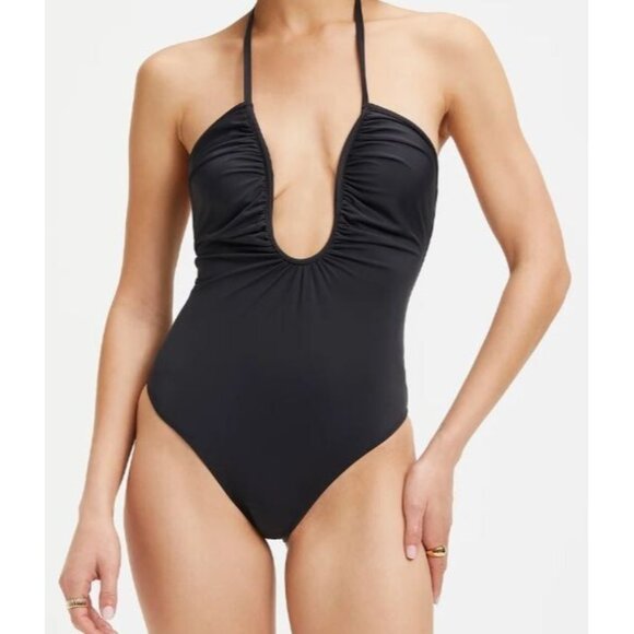 Good American Leilani Plunge One-Piece Swimsuit Halter Stretch Black 2 US M - Picture 1 of 3